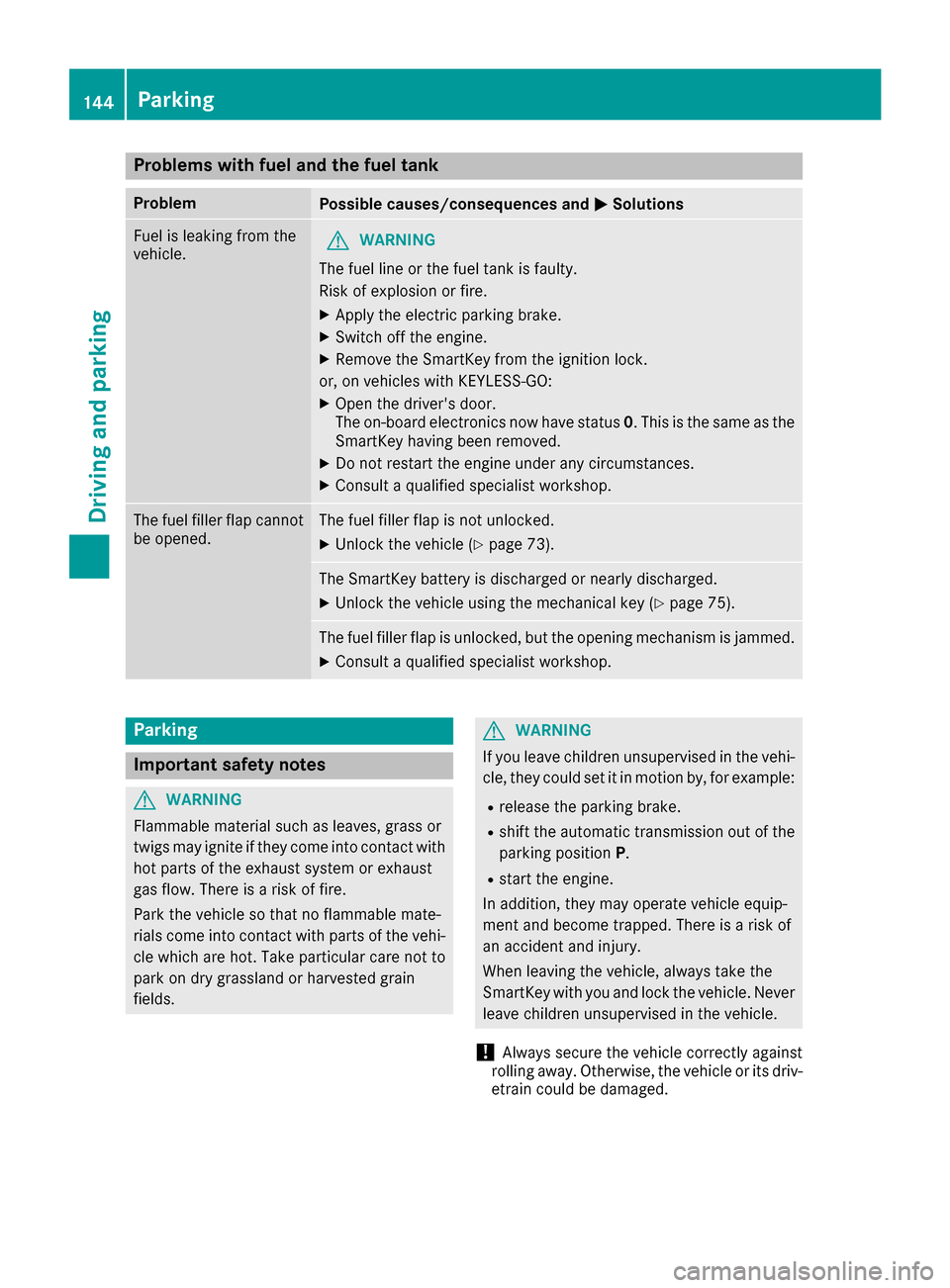 MERCEDES-BENZ E-Class CABRIOLET 2017 A207 Owners Manual Problems with fuel and the fuel tank
ProblemPossible causes/consequences andMSolutions
Fuel is leaking from the
vehicle.GWARNING
The fuel line or the fuel tank is faulty.
Risk of explosion or fire.
XA