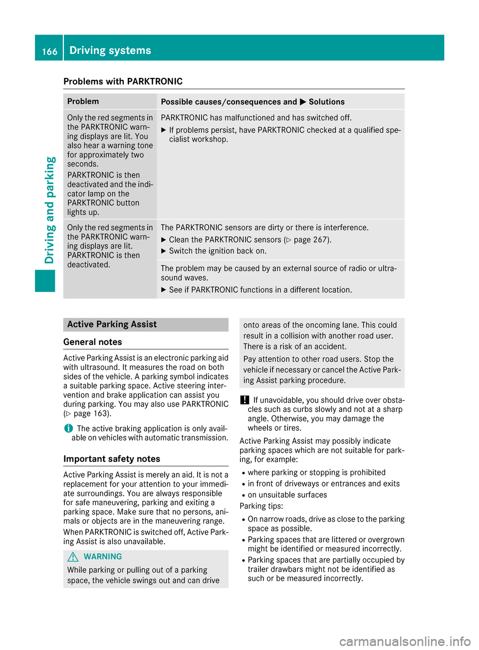 MERCEDES-BENZ E-Class CABRIOLET 2017 A207 Service Manual Problems with PARKTRONIC
ProblemPossible causes/consequences andMSolutions
Only the red segments in
the PARKTRONIC warn-
ing displays are lit. You
also hear a warning tone
for approximately two
second MERCEDES-BENZ E-Class CABRIOLET 2017 A207 Service Manual Problems with PARKTRONIC
ProblemPossible causes/consequences andMSolutions
Only the red segments in
the PARKTRONIC warn-
ing displays are lit. You
also hear a warning tone
for approximately two
second