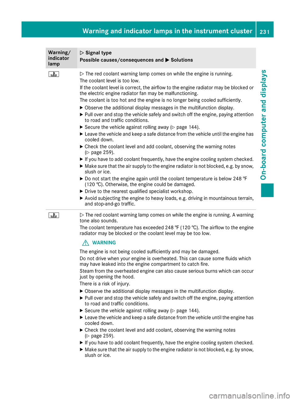 MERCEDES-BENZ E-Class CABRIOLET 2017 A207 Owners Manual Warning/
indicator
lampNSignal type
Possible causes/consequences and M
Solutions
?NThe red coolant warning lamp comes on while the engine is running.
The coolant level is too low.
If the coolant level