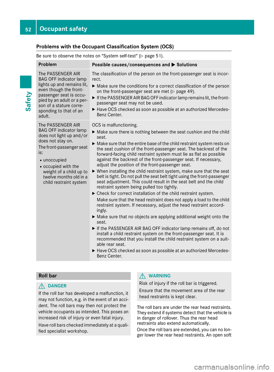 MERCEDES-BENZ E-Class CABRIOLET 2017 A207 Owners Manual Problems with the Occupant Classification System (OCS)
Be sure to observe the notes on "System self-test" (Ypage 51).
ProblemPossible causes/consequences andMSolutions
The PASSENGER AIR
BAG OFF indica