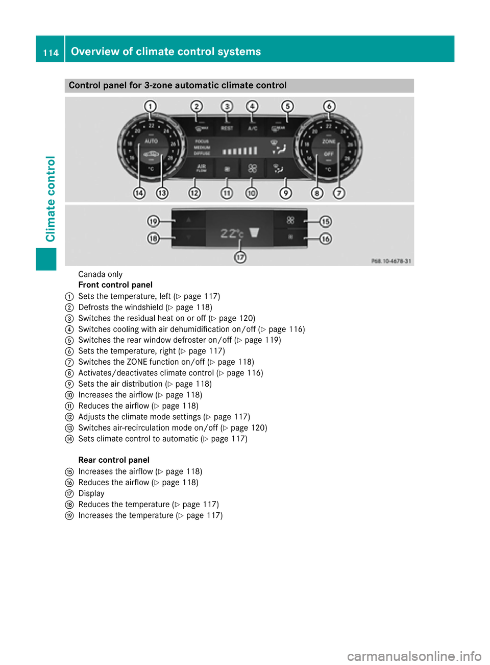 MERCEDES-BENZ CLS-Class 2017 W218 Owners Manual Control panel for 3-zone automatic climate control
Canada only
Front control panel
:Sets the temperature, left (Ypage 117)
;Defrosts the windshield (Ypage 118)
=Switches the residual heat on or off (Y