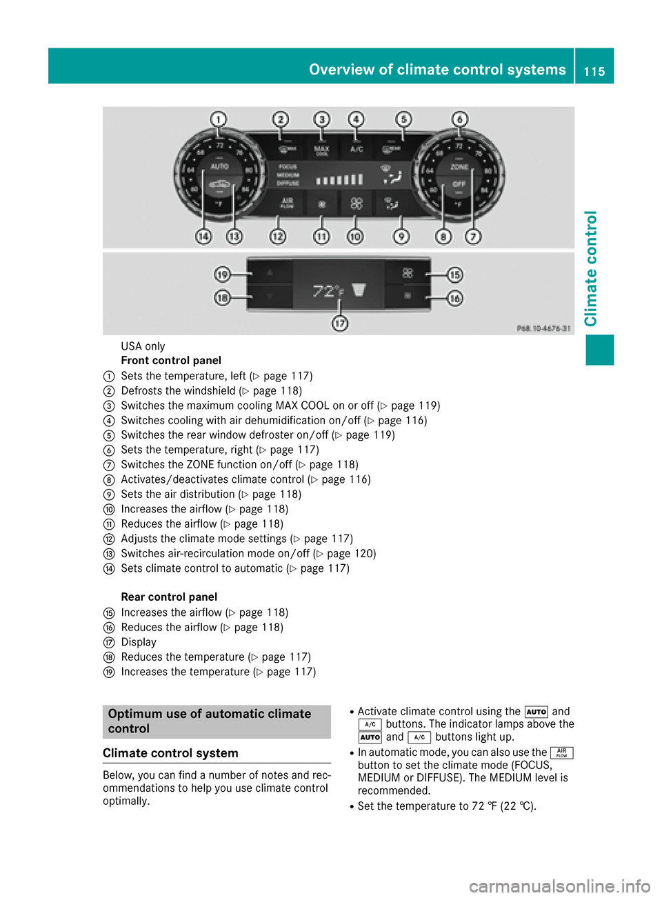MERCEDES-BENZ CLS-Class 2017 W218 Owners Manual USA only
Front control panel
:Sets the temperature, left (Ypage 117)
;Defrosts the windshield (Ypage 118)
=Switches the maximum cooling MAX COOL on or off (Ypage 119)
?Switches cooling with air dehumi