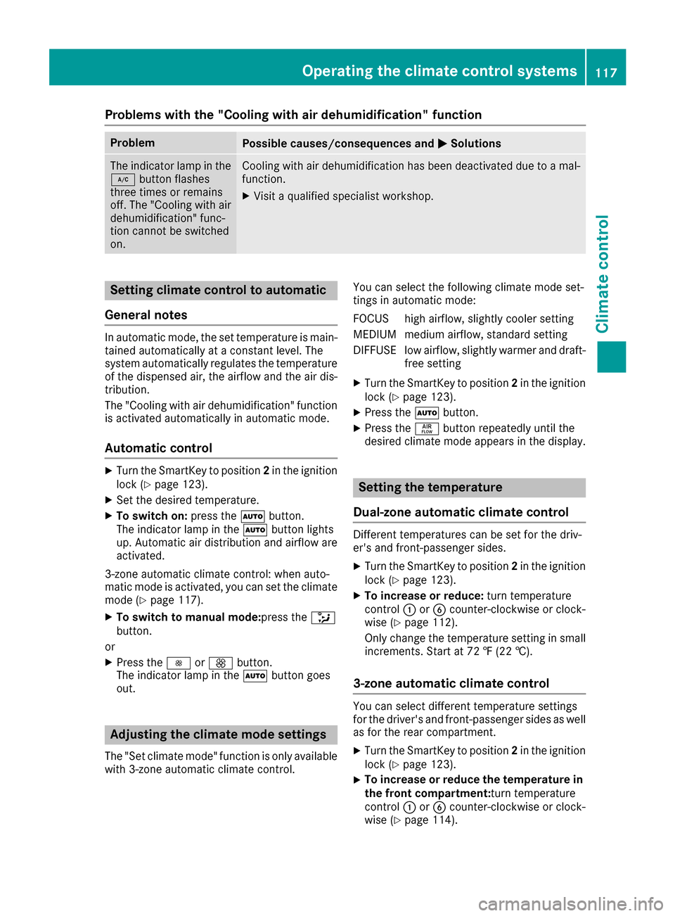 MERCEDES-BENZ CLS-Class 2017 W218 Owners Manual Problems with the "Cooling with air dehumidification" function
ProblemPossible causes/consequences andMSolutions
The indicator lamp in the
¿button flashes
three times or remains
off. The "Cooling wit