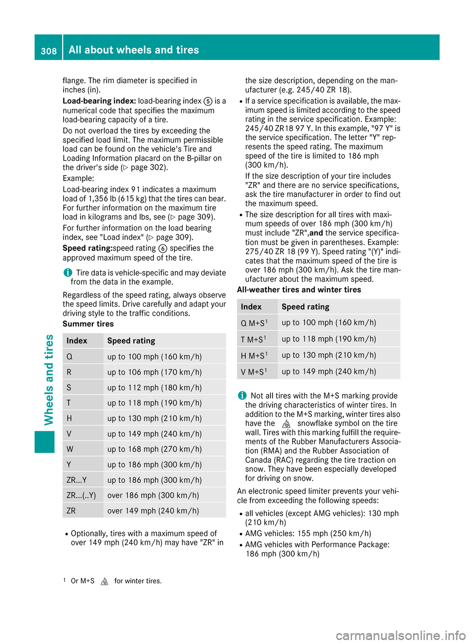 MERCEDES-BENZ CLS-Class 2017 W218 Owners Manual flange. The rim diameter is specified in
inches (in).
Load-bearing index:load-bearing indexAis a
numerical code that specifies the maximum
load-bearing capacity of a tire.
Do not overload the tires by