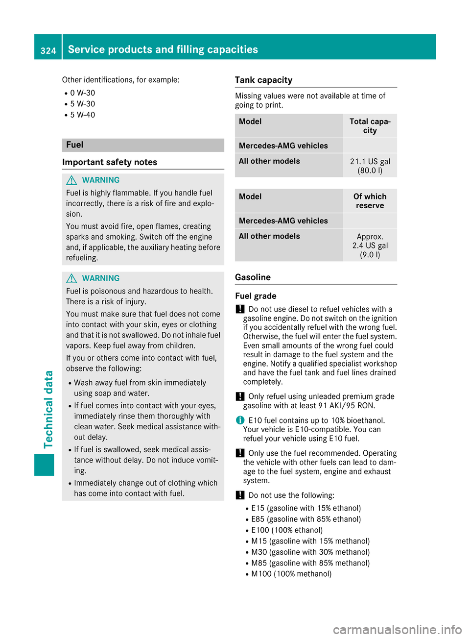MERCEDES-BENZ CLS-Class 2017 W218 Owners Manual Other identifications, for example:
R0 W-30
R5 W-30
R5 W-40
Fuel
Important safety notes
GWARNING
Fuel is highly flammable. If you handle fuel
incorrectly, there is a risk of fire and explo-
sion.
You MERCEDES-BENZ CLS-Class 2017 W218 Owners Manual Other identifications, for example:
R0 W-30
R5 W-30
R5 W-40
Fuel
Important safety notes
GWARNING
Fuel is highly flammable. If you handle fuel
incorrectly, there is a risk of fire and explo-
sion.
You