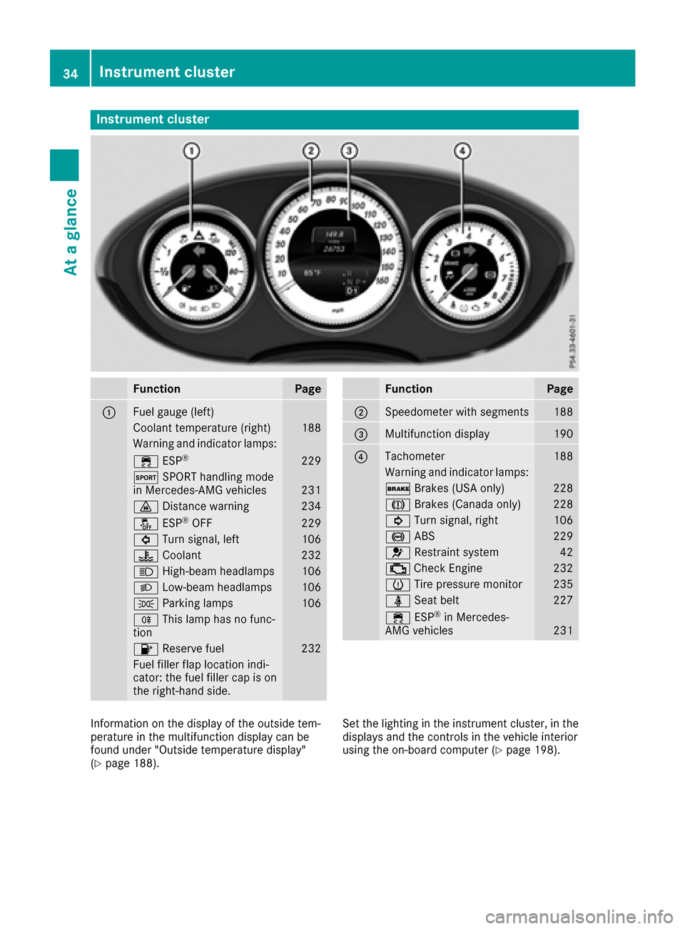 MERCEDES-BENZ CLS-Class 2017 W218 Owners Guide Instrument cluster
FunctionPage
:Fuelgauge (left)
Coolan ttemperature (right )188
Warning and indicator lamps:
÷ ESP®22 9
M SPORT handlin gmod e
in Mercedes-AM Gvehicles23 1
· Distanc ewarning23 4
MERCEDES-BENZ CLS-Class 2017 W218 Owners Guide Instrument cluster
FunctionPage
:Fuelgauge (left)
Coolan ttemperature (right )188
Warning and indicator lamps:
÷ ESP®22 9
M SPORT handlin gmod e
in Mercedes-AM Gvehicles23 1
· Distanc ewarning23 4