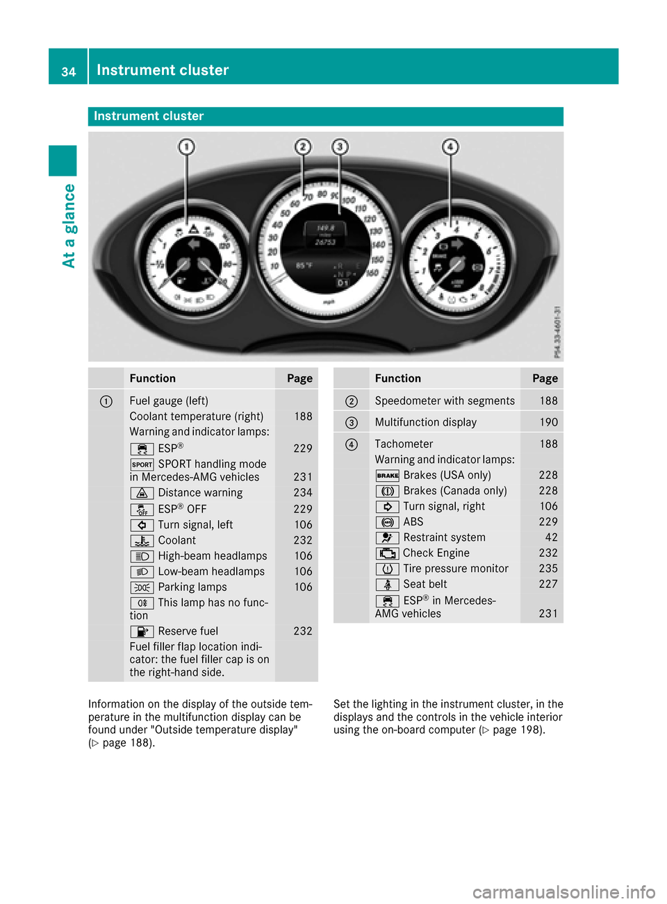 MERCEDES-BENZ CLS-Class 2017 W218 Owners Manual Instrument cluster
FunctionPage
:Fuelgauge (left)
Coolan ttemperature (right )188
Warning and indicator lamps:
÷ ESP®22 9
M SPORT handlin gmod e
in Mercedes-AM Gvehicles23 1
· Distanc ewarning23 4
