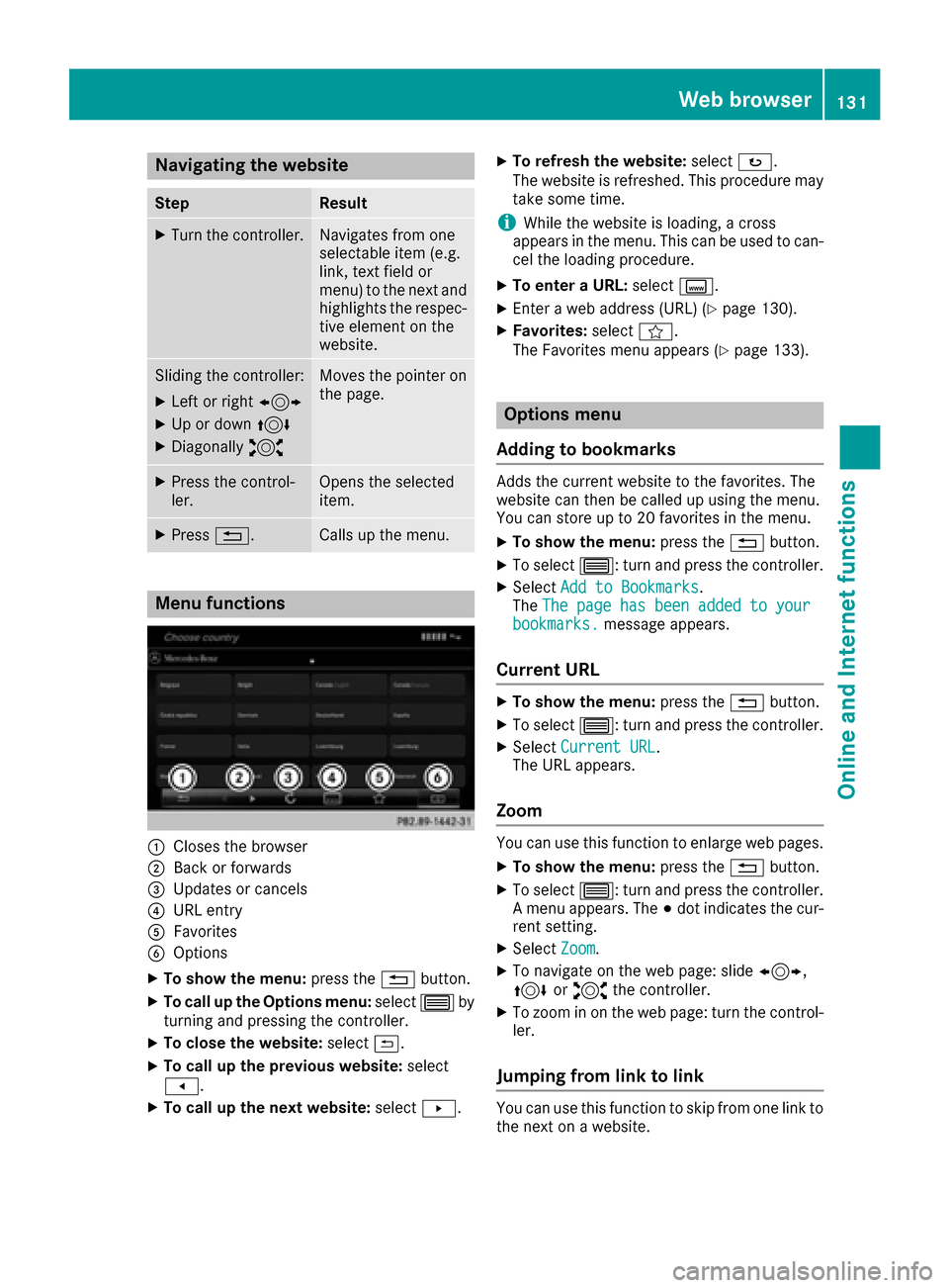 MERCEDES-BENZ CLS-Class 2017 W218 Comand Manual Navigating the website
StepResult
XTurn the controller.Navigates from one
selectable item (e.g.
link, text field or
menu) to the next and
highlights the respec-
tive element on the
website.
Sliding th MERCEDES-BENZ CLS-Class 2017 W218 Comand Manual Navigating the website
StepResult
XTurn the controller.Navigates from one
selectable item (e.g.
link, text field or
menu) to the next and
highlights the respec-
tive element on the
website.
Sliding th