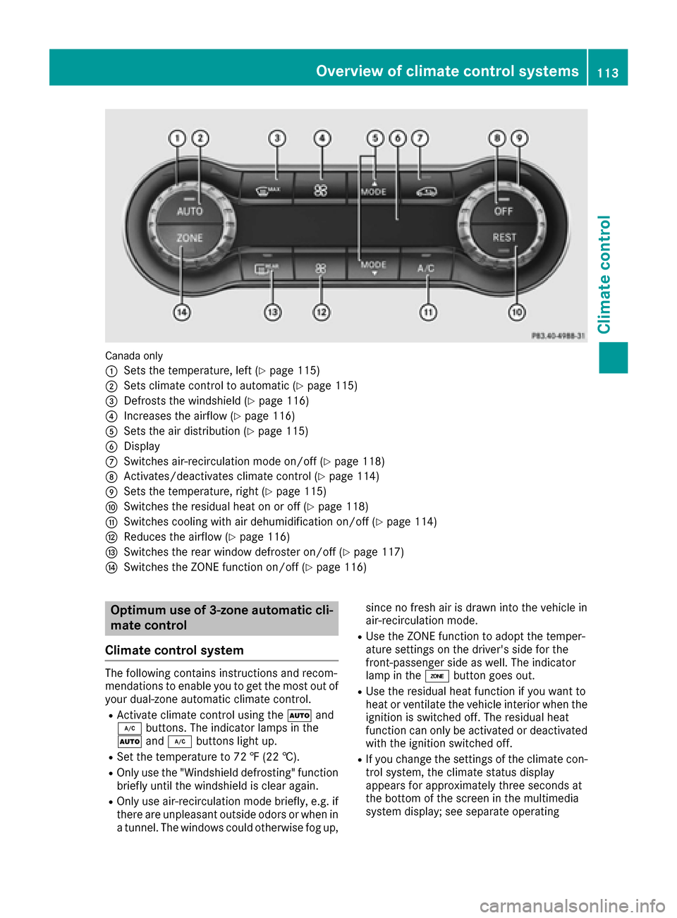 MERCEDES-BENZ CLA-Class 2017 C117 Owners Guide Canada only
:
Sets the temperature, left (Ypage 115)
;Sets climate control to automatic (Ypage 115)
=Defrosts the windshield (Ypage 116)
?Increases the airflow (Ypage 116)
ASets the air distribution ( MERCEDES-BENZ CLA-Class 2017 C117 Owners Guide Canada only
:
Sets the temperature, left (Ypage 115)
;Sets climate control to automatic (Ypage 115)
=Defrosts the windshield (Ypage 116)
?Increases the airflow (Ypage 116)
ASets the air distribution (