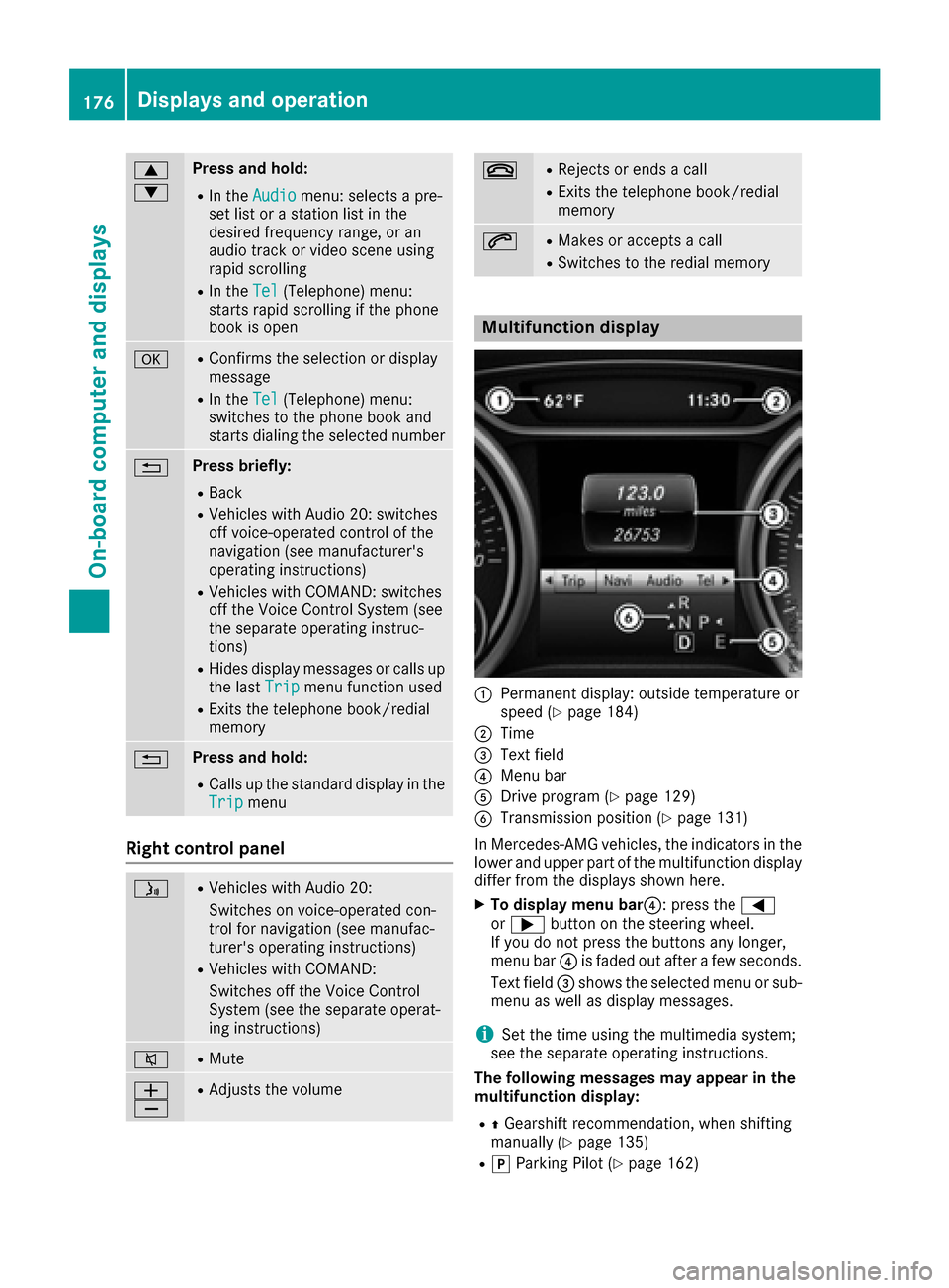 MERCEDES-BENZ CLA-Class 2017 C117 Owners Manual 9
:Press and hold:
RIn theAudiomenu: selects a pre-
set list or a station list in the
desired frequency range, or an
audio track or video scene using
rapid scrolling
RIn the Tel(Telephone) menu:
start