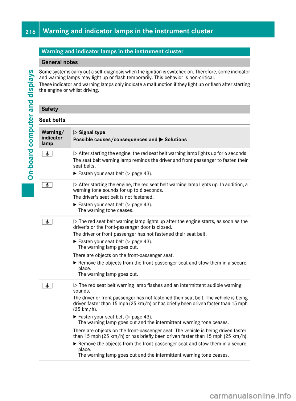 MERCEDES-BENZ CLA-Class 2017 C117 Repair Manual Warning and indicator lamps in the instrument cluster
General notes
Some systems carry out a self-diagnosis when the ignition is switched on. Therefore, some indicatorand warning lamps may light up or MERCEDES-BENZ CLA-Class 2017 C117 Repair Manual Warning and indicator lamps in the instrument cluster
General notes
Some systems carry out a self-diagnosis when the ignition is switched on. Therefore, some indicatorand warning lamps may light up or