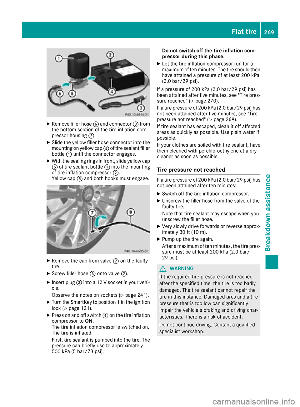 MERCEDES-BENZ CLA-Class 2017 C117 Owners Manual XRemove filler hoseB and connecto r= from
th ebotto msection of th etire inflation com-
presso rhousing ;.
XSlide theyellow filler hos econnecto rint oth e
mounting on yellow cap Aof tire sealan tfill