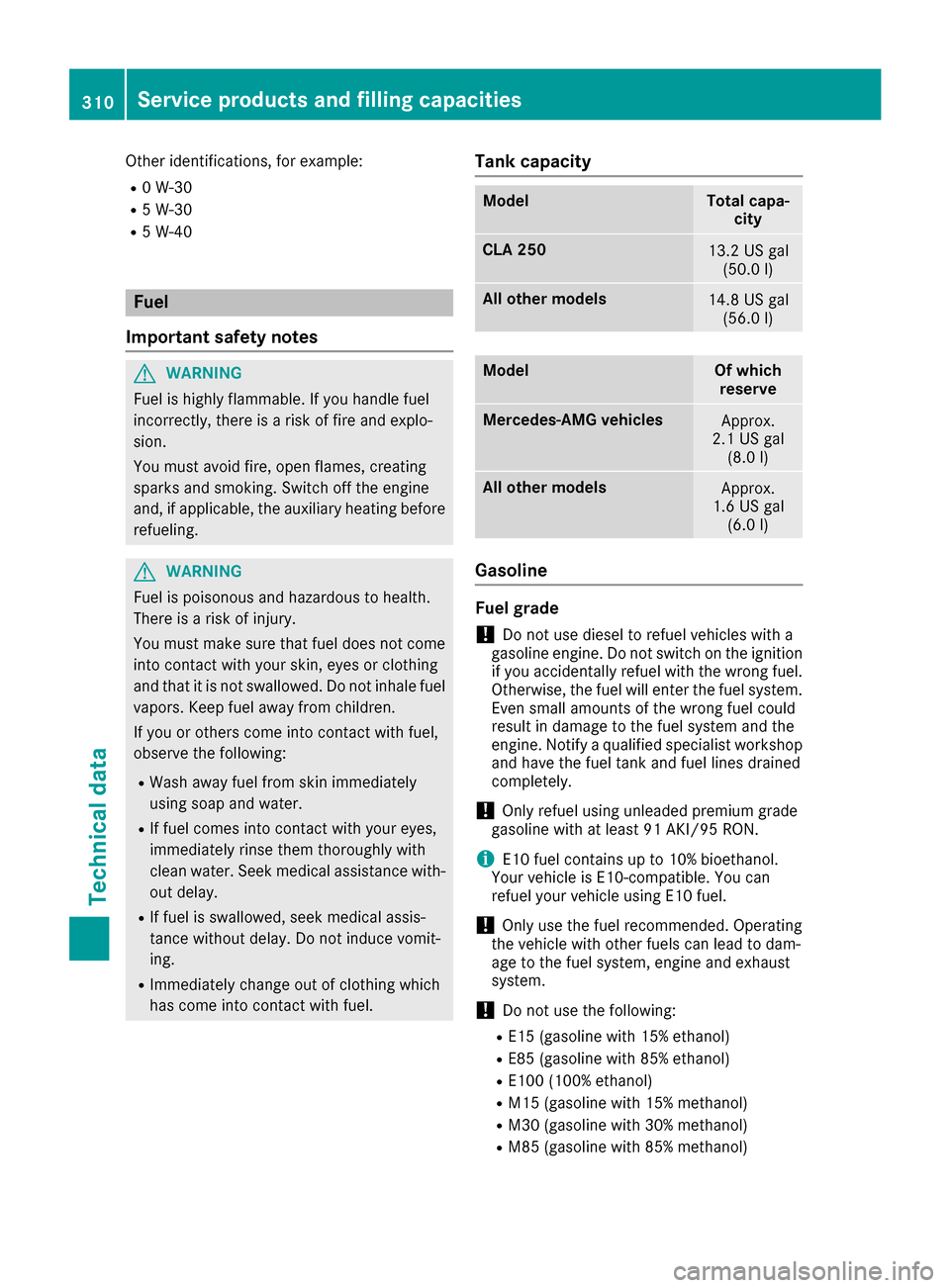 MERCEDES-BENZ CLA-Class 2017 C117 Owners Manual Other identifications, for example:
R0 W-30
R5 W-30
R5 W-40
Fuel
Important safety notes
GWARNING
Fuel is highly flammable. If you handle fuel
incorrectly, there is a risk of fire and explo-
sion.
You MERCEDES-BENZ CLA-Class 2017 C117 Owners Manual Other identifications, for example:
R0 W-30
R5 W-30
R5 W-40
Fuel
Important safety notes
GWARNING
Fuel is highly flammable. If you handle fuel
incorrectly, there is a risk of fire and explo-
sion.
You