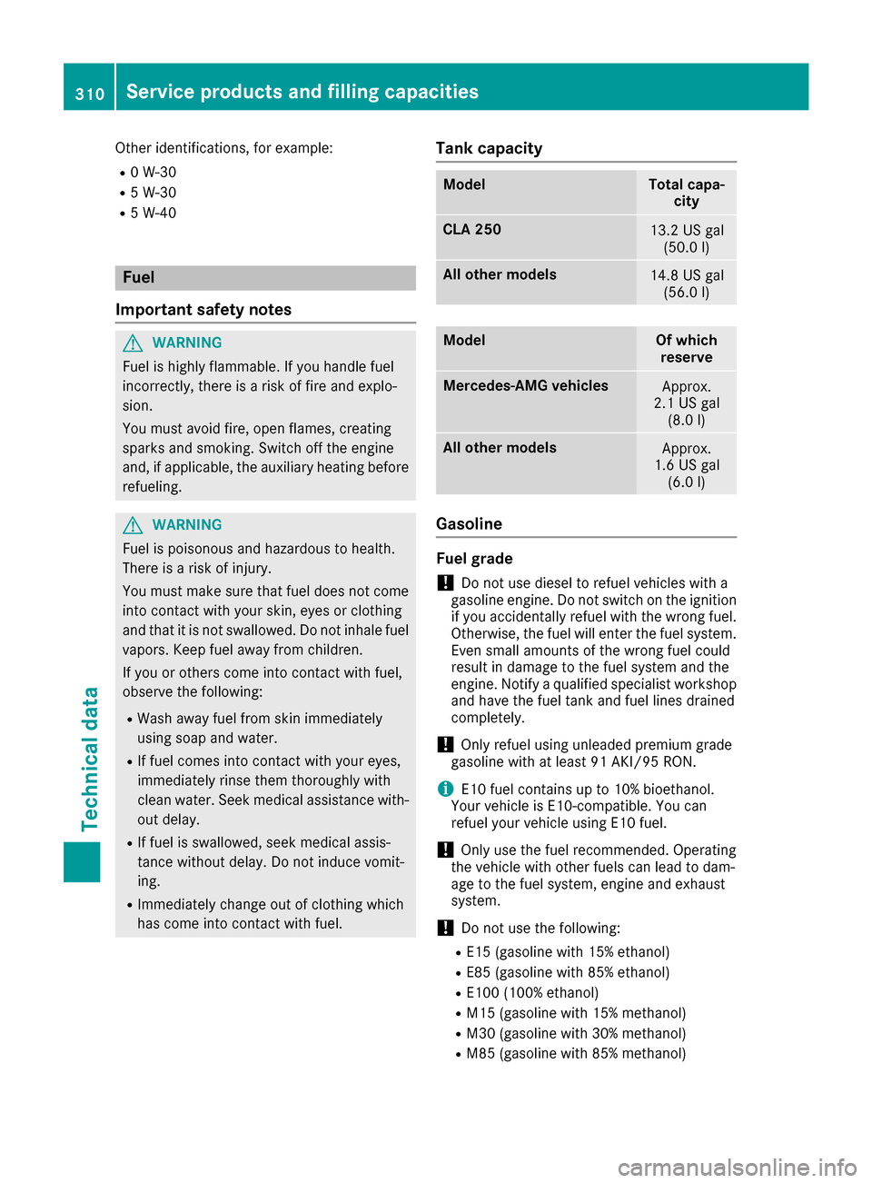 MERCEDES-BENZ CLA-Class 2017 C117 Owners Manual Other identifications, for example:
R0 W-30
R5 W-30
R5 W-40
Fuel
Important safety notes
GWARNING
Fuel is highly flammable. If you handle fuel
incorrectly, there is a risk of fire and explo-
sion.
You 