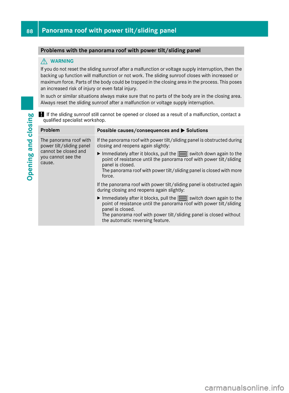 MERCEDES-BENZ CLA-Class 2017 C117 Owners Guide Problems with the panorama roof with power tilt/sliding panel
GWARNING
If you do not reset the sliding sunroof after a malfunction or voltage supply interruption, then the
backing up function will mal
