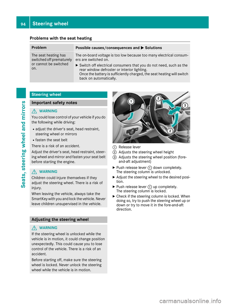 MERCEDES-BENZ CLA-Class 2017 C117 Owners Manual Problems with the seat heating
ProblemPossible causes/consequences andMSolutions
The seat heating has
switched off prematurely
or cannot be switched
on.The on-board voltage is too low because too many