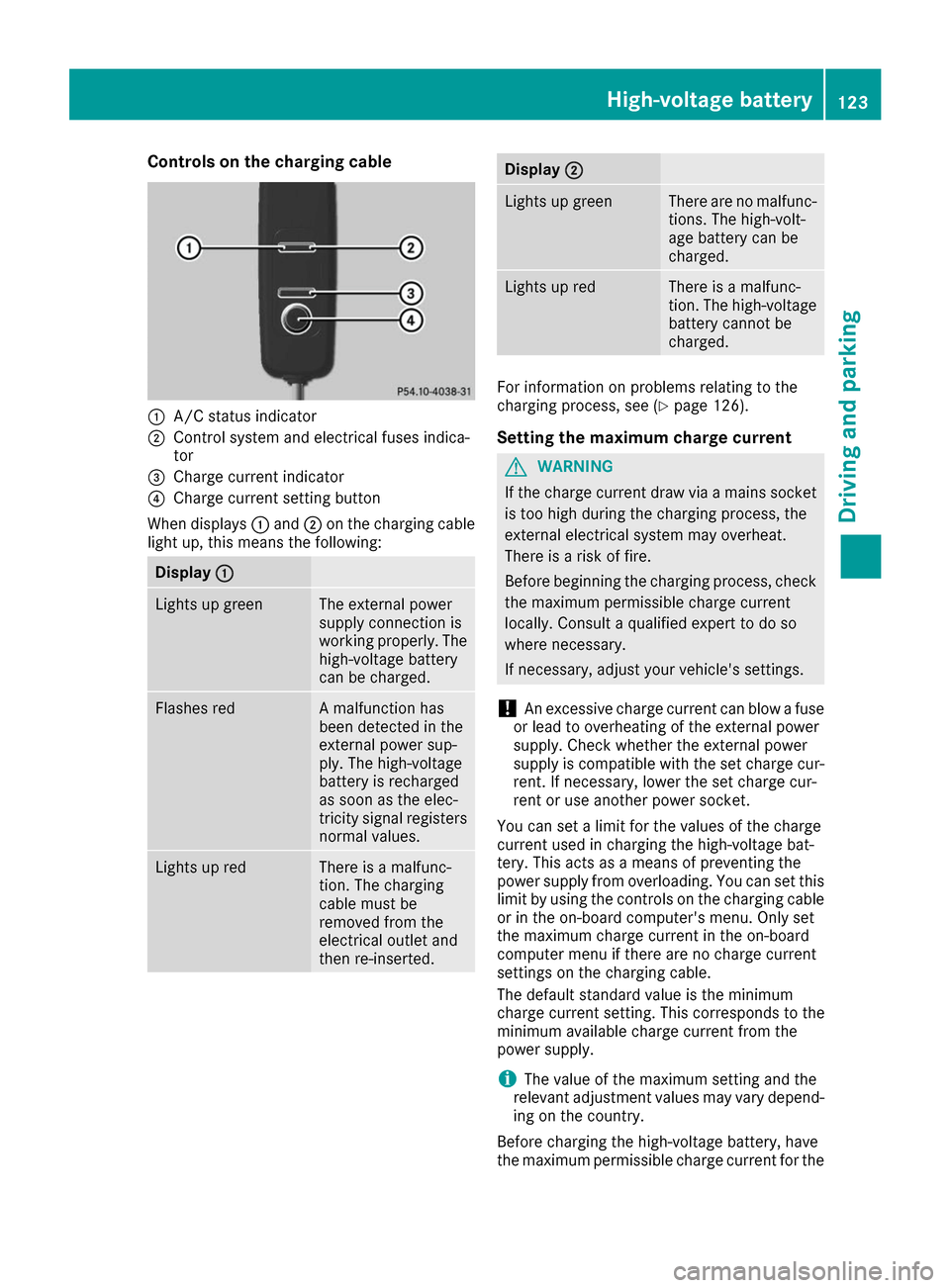 MERCEDES-BENZ B-Class 2017 W246 User Guide Controls on the charging cable
0043
A/C status indicator
0044 Control system and electrical fuses indica-
tor
0087 Charge current indicator
0085 Charge current setting button
When displays 0043and 004