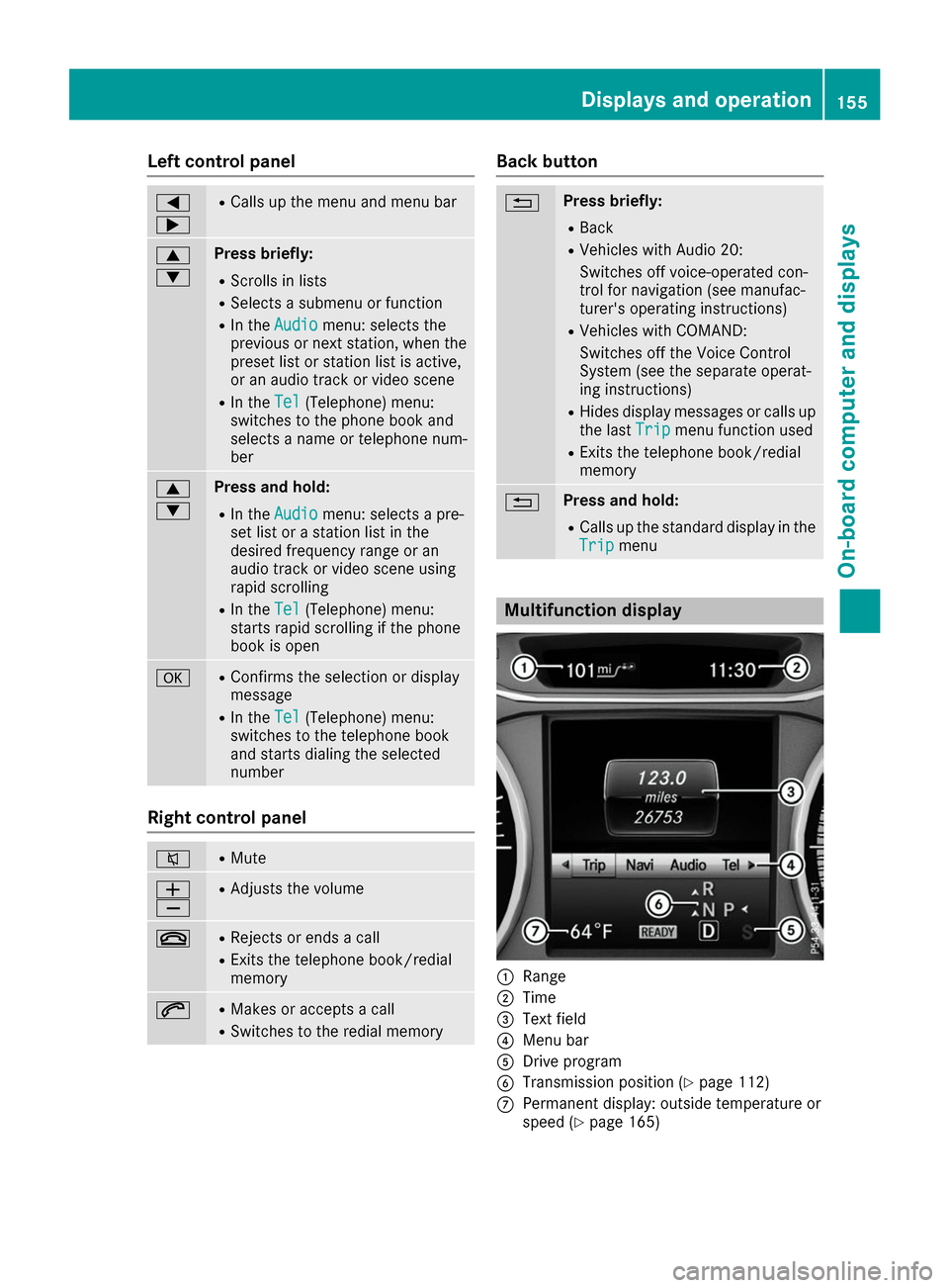 MERCEDES-BENZ B-Class 2017 W246 Owners Manual Left control panel
0059
0065 R
Calls up the menu and menu bar 0063
0064 Press briefly:
R Scrolls in lists
R Selects a submenu or function
R In the Audio Audio menu: selects the
previous or next statio