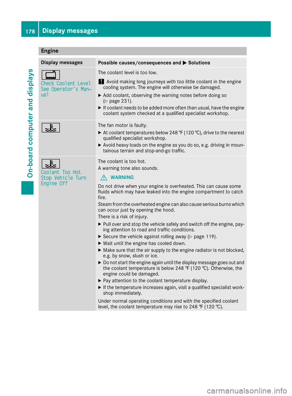 MERCEDES-BENZ AMG GT S 2017 C190 Owners Manual Engine
Display messagesPossible causes/consequences andMSolutions
+
CheckCoolantLevelSee Operators Man‐ual
The coolant level is too low.
!Avoid making long journeys with too little coolant in the e