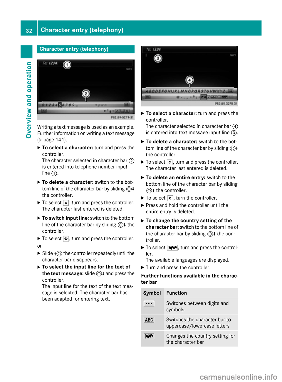 MERCEDES-BENZ AMG GT S 2017 C190 Comand Manual Character entry (telephony)
Writing a text message is used as an example.
Further information on writing a text message(
Ypage 141).
XTo select a character: turn and press the
controller.
The characte