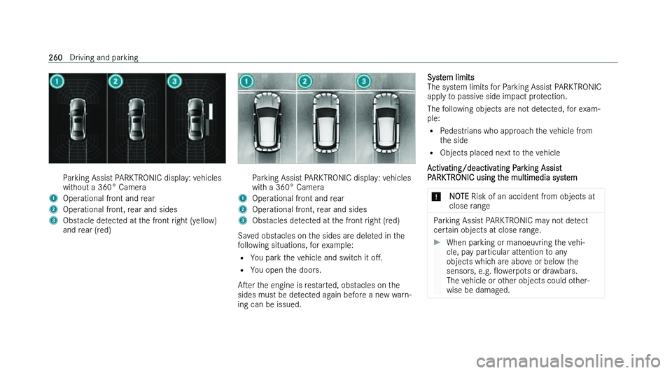 MERCEDES-BENZ A-CLASS SALOON 2022  Owners Manual �P�a�r�k�i�n�g� �A�s�s�i�s�t� �P�A�R�K�T�R�O�N�I�C� �d�i�s�p�l�a�y�:� �v�e�h�i�c�l�e�s
�w�i�t �h�o�u�t� �a� �3�6�0�°� �C�a�m�e�r�a
�1 �O�p�e�r�a�t�i�o�n�a�l� �f�r�o�n�t� �a�n�d� �r�e�a�r
�2 �O�p�e�r�