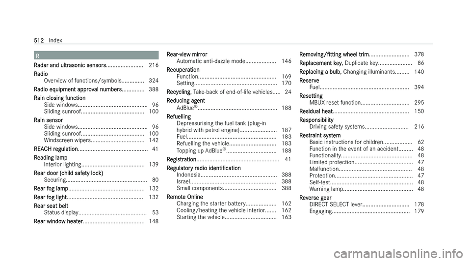MERCEDES-BENZ A-CLASS SALOON 2022  Owners Manual �R
�R �a�d�a�r� �a�n�d� �u�l�t�r�a�s�o�n�i�c� �s�e�n�s�o�r�s �.�.�.�.�.�.�.�.�.�.�.�.�.�.�.�.�.�.�.�.�.�.�. �2�1�6
�R�a�d�i�o �O�v�e�r�v�i�e�w� �o�f� �f�u�n�c�t�i�o�n�s�/�s�y�m�b�o�l�s�.�.�.�.�.�.�.�.