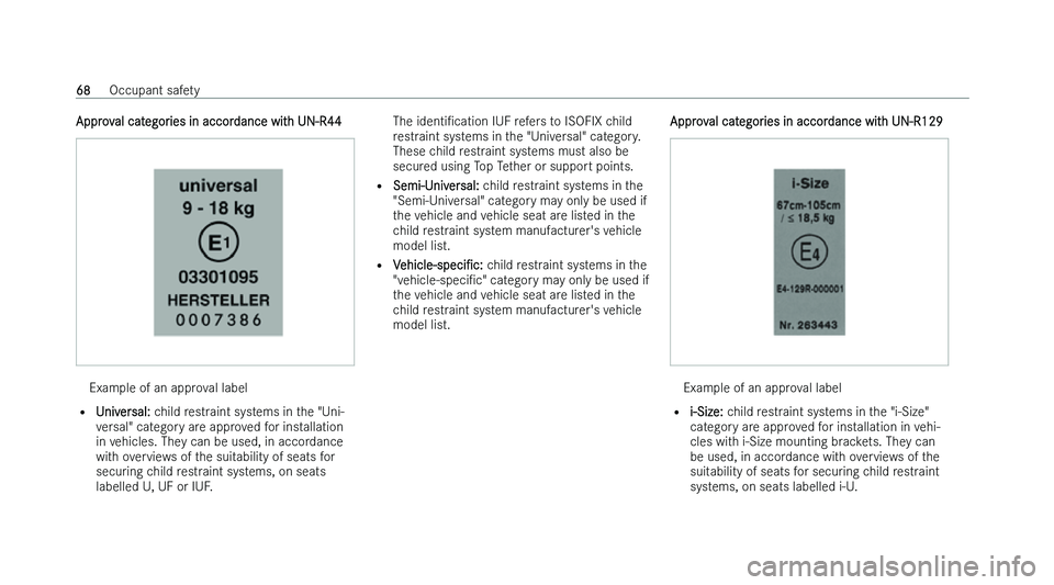 MERCEDES-BENZ A-CLASS SALOON 2022 Manual PDF �A�p�p�r�o�v�a�l� �c�a�t�e�g�o�r�i�e�s� �i�n� �a�c�c�o�r�d�a�n�c�e� �w�i�t�h� �U�N�-�R�4�4
�E�x�a�m�p�l�e� �o�f� �a�n� �a�p�p�r�o�v�a�l� �l�a�b�e�l
�= �U �n�i�v�e�r�s�a�l�: � �c�h�i�l�d� �r�e�s�t�r�a�