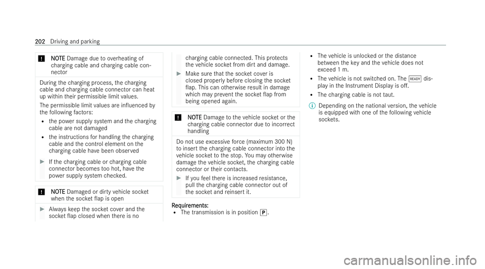 MERCEDES-BENZ A-CLASS SALOON 2021  Owners Manual *
N
NO
OTE
TE Damage due toove rheating of
ch arging cable and charging cable con-
nector During
thech arging process, thech arging
cable and charging cable connector can heat
up within their permissi