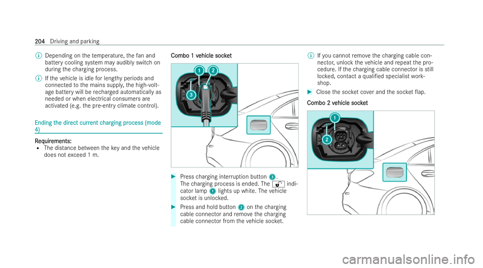 MERCEDES-BENZ A-CLASS SALOON 2021  Owners Manual %
Depending on thete mp erature, thefa n and
bat tery cooling system may audibly switch on
during thech arging process.
% Ifth eve hicle is idle for lengt hyperiods and
connected tothe mains suppl y,t
