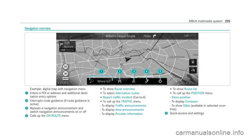 MERCEDES-BENZ A-CLASS SALOON 2021  Owners Manual N
N
a
avig
vig ation ov
ation overerview
view Example: digital map with navigation menu
1 Enters a POI or address and additional desti-
nation entry options
2 Inter ruptsrou teguidance (if route guida