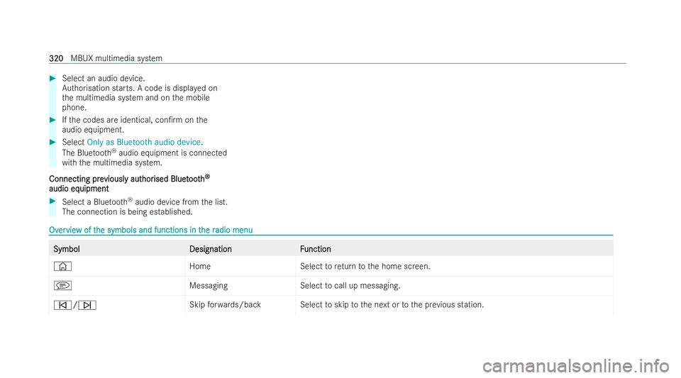 MERCEDES-BENZ A-CLASS SALOON 2021  Owners Manual #
Select an audio device.
Authorisation starts. A code is displa yed on
th e multimedia system and on the mobile
phone. #
Ifth e codes are identical, con/ rmonthe
audio equipment. #
Select Only as Bl