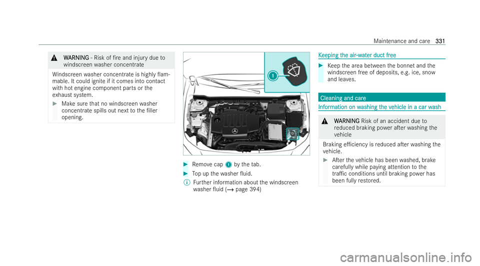 MERCEDES-BENZ A-CLASS SALOON 2021  Owners Manual &
W
W ARNI NG
ARNI NG‑ Risk of /re and injury due to
windscreen washer concent rate
Wi ndsc reen washer concent rate is highly 0am-
mable. It could ignite if it comes into contact
with hot engine 