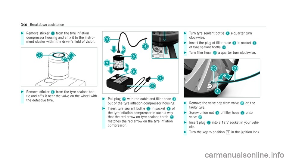 MERCEDES-BENZ A-CLASS SALOON 2021  Owners Manual #
Remo vesticker 1 from the tyre in0ation
compressor housing and a1x it tothe inst ru-
ment clus ter within the driver's /eld of vision. #
Remo vesticker 2 from the tyre sealant bot-
tle and a