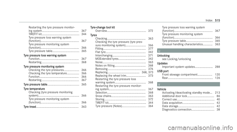 MERCEDES-BENZ A-CLASS SALOON 2021  Owners Manual Re
starting the tyre pressure monitor-
ing system............................................. 367
TIREFIT kit..............................................3 44
Ty re pressure loss warning system
(fun