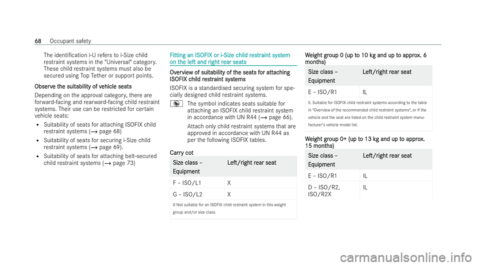 MERCEDES-BENZ A-CLASS SALOON 2021 Manual PDF The identi/ca
tion i‑Urefers to i‑Size child
re straint systems in the "Universal" categor y.
These child restraint systems must also be
secu red using TopTe ther or support points.
Obser