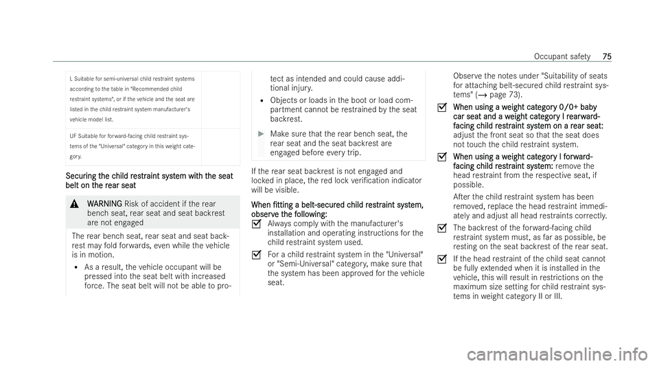 MERCEDES-BENZ A-CLASS SALOON 2021 Manual PDF L Suitable
for semi-universal child restraint systems
acco rding totheta ble in "Recommended child
re straint systems", or if theve hicle and the seat are
listed in thech ild restraint system 