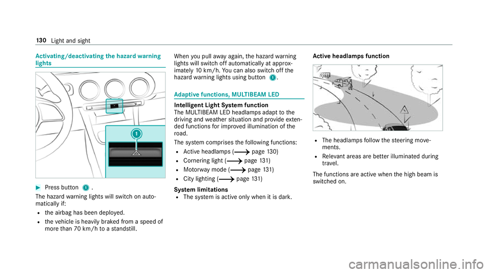 MERCEDES-BENZ A-CLASS SALOON 2018 Owners Manual Ac
tivating/deactivating the hazard warning
lights #
Press button 1.
The hazard warning lights will switch on auto‐
matically if:
R the airbag has been deplo yed.
R theve hicle is heavily braked fro MERCEDES-BENZ A-CLASS SALOON 2018 Owners Manual Ac
tivating/deactivating the hazard warning
lights #
Press button 1.
The hazard warning lights will switch on auto‐
matically if:
R the airbag has been deplo yed.
R theve hicle is heavily braked fro