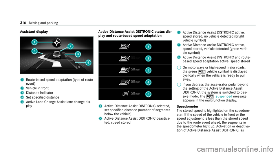 MERCEDES-BENZ A-CLASS SALOON 2018  Owners Manual Assistant display
1
Route-based speed adap tation (type of route
eve nt)
2 Vehicle in front
3 Distance indica tor
4 Set specified di stance
5 Active Lane Change Assi stlane change dis‐
play Ac
tive 