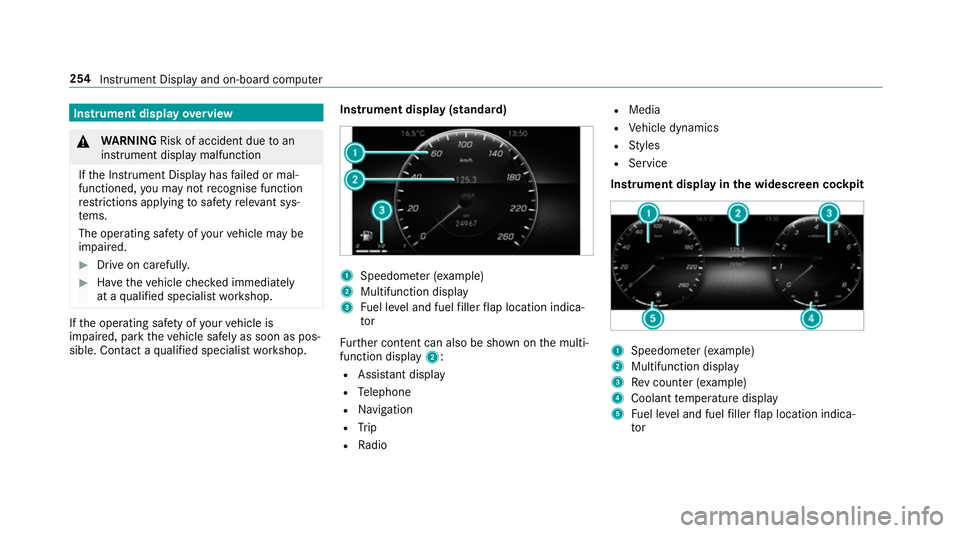 MERCEDES-BENZ A-CLASS SALOON 2018  Owners Manual Instrument display
overview &
WARNING Risk of accident due toan
instrument display malfunction
If th e Instrument Display has failed or mal‐
functioned, you may not recognise function
re strictions 