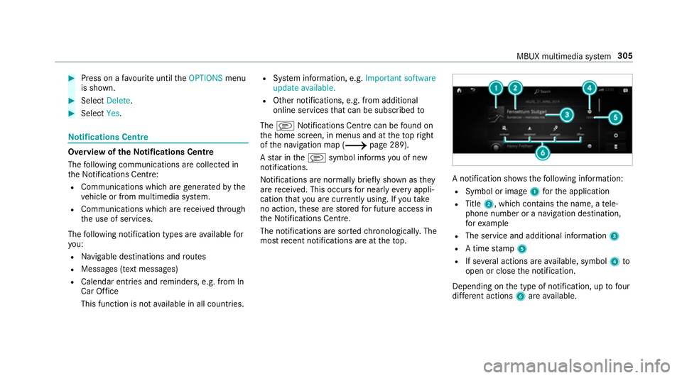 MERCEDES-BENZ A-CLASS SALOON 2018  Owners Manual #
Press on a favo urite until theOPTIONS menu
is shown. #
Select Delete. #
Select Yes. No
tifications Centre Overvi
ewoftheNo tifications Centre
The following communications are collec ted in
th e Not