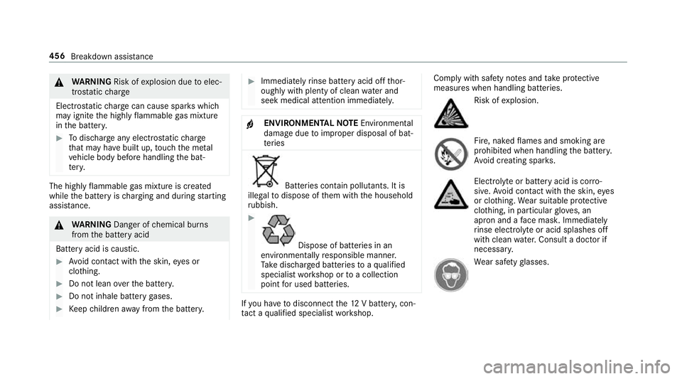 MERCEDES-BENZ A-CLASS SALOON 2018  Owners Manual &
WARNING Risk ofexplosion due toelec‐
tros tatic charge
Electros taticch arge can cause spa rks which
may ignite the highly flammable gas mixture
in the batter y. #
Todischar geany electros tatic c