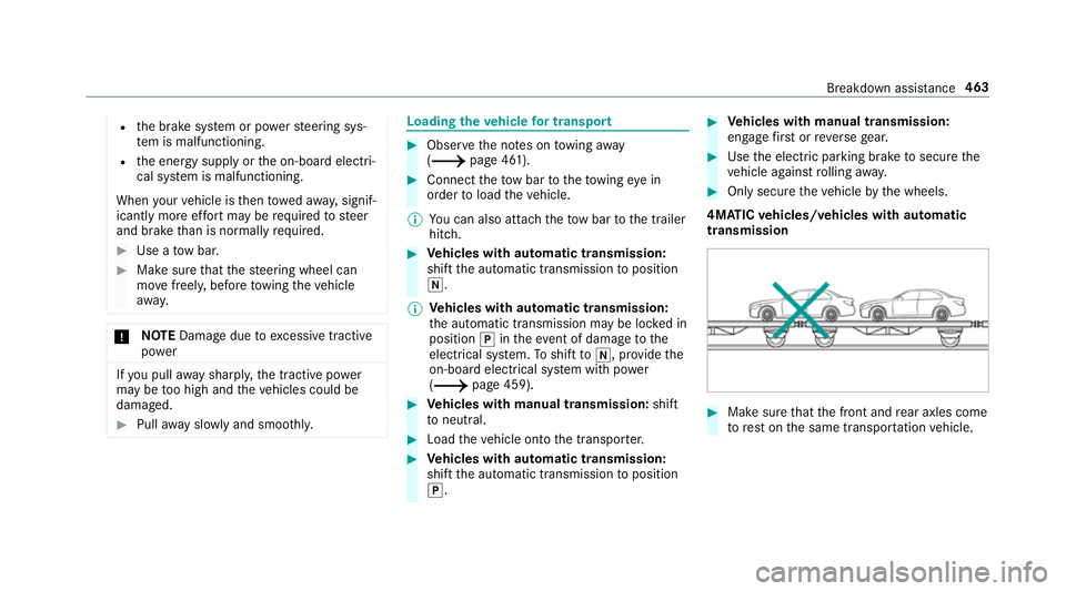MERCEDES-BENZ A-CLASS SALOON 2018 Owners Manual R
the brake sy stem or po werst eering sys‐
te m is malfunctioning.
R the energy supply or the on-board electri‐
cal sy stem is malfunctioning.
When your vehicle is then towe daw ay, signif‐
ica