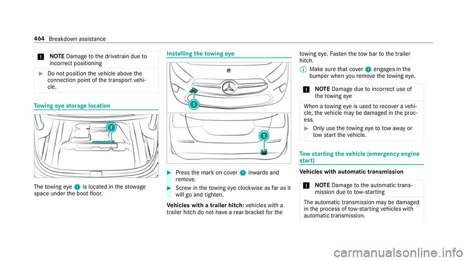 MERCEDES-BENZ A-CLASS SALOON 2018 Owners Manual *
NO
TEDama getothe driv etra in due to
incor rect positioning #
Do not position theve hicle abo vethe
connection point of the transport vehi‐
cle. To
wing eyesto rage location The
towing eye1 is lo MERCEDES-BENZ A-CLASS SALOON 2018 Owners Manual *
NO
TEDama getothe driv etra in due to
incor rect positioning #
Do not position theve hicle abo vethe
connection point of the transport vehi‐
cle. To
wing eyesto rage location The
towing eye1 is lo
