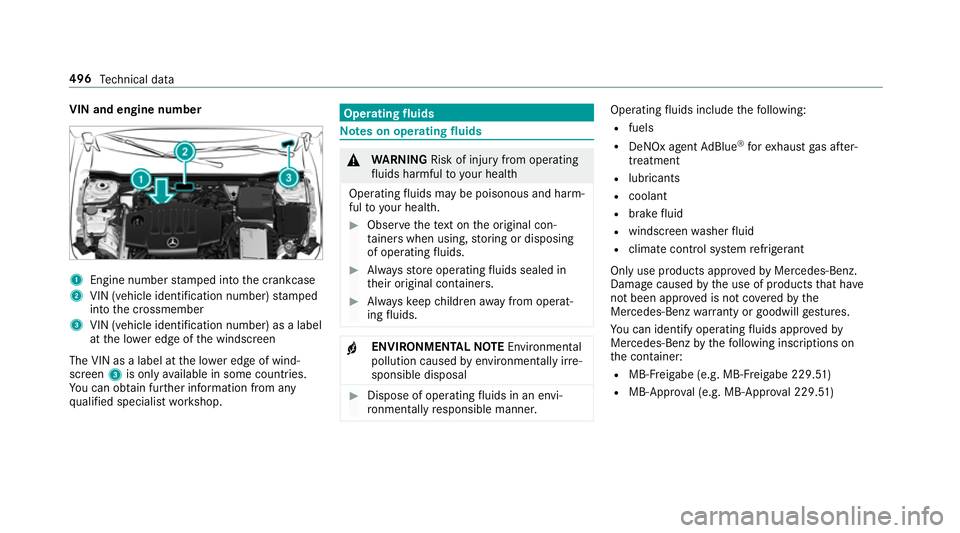 MERCEDES-BENZ A-CLASS SALOON 2018 Owners Manual VIN and engine number
1
Engine number stamped into the crankcase
2 VIN (vehicle identification number) stamped
into the crossmember
3 VIN (vehicle identification number) as a label
at the lo wer edge MERCEDES-BENZ A-CLASS SALOON 2018 Owners Manual VIN and engine number
1
Engine number stamped into the crankcase
2 VIN (vehicle identification number) stamped
into the crossmember
3 VIN (vehicle identification number) as a label
at the lo wer edge