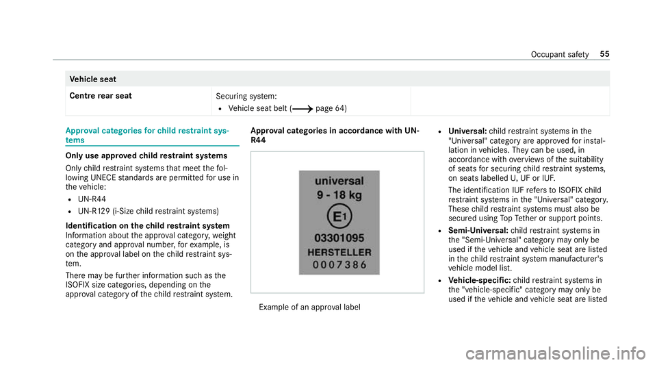 MERCEDES-BENZ A-CLASS SALOON 2018  Owners Manual Ve
hicle seat
Centre rear seat
Securing system:
R Vehicle seat belt (/ page64) App
rova l categories forch ild restra int sys‐
te ms On
lyuse appr ovedch ild restra int sy stems
Only child restra in