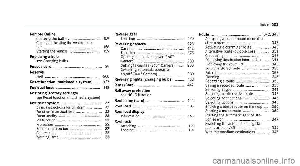 MERCEDES-BENZ A-CLASS SALOON 2018  Owners Manual Re
mo teOnline
Charging the battery ............................1 59
Cooling or heating theve hicle inte‐
ri or .......................................................1 58
St arting theve hicle ....