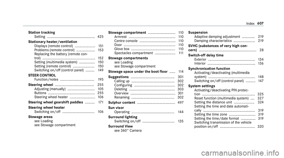 MERCEDES-BENZ A-CLASS SALOON 2018  Owners Manual St
ation tracking
Setting ................................................. 425
St ationary heater/ventilation
Displ ays (remo tecontrol) ..................... 151
Problems (remo tecontrol) ..........