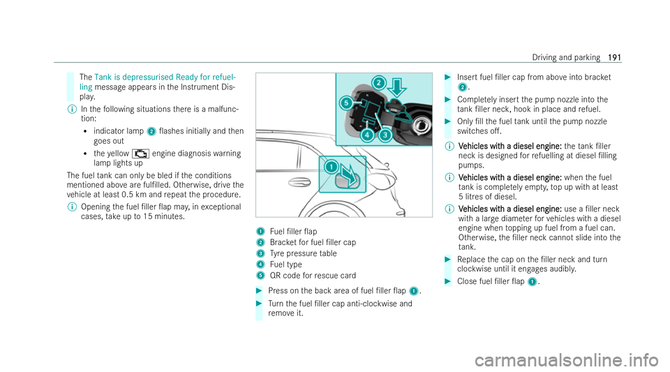 MERCEDES-BENZ A-CLASS HATCHBACK 2021  Owners Manual The
Tank is depressurised Ready for refuel-
ling messa geappears in the Instrument Dis-
pla y.
% Inthefo llowing situations there is a malfunc-
tion:
R indicator lamp 20ashes initially and then
goes 