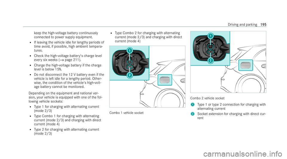 MERCEDES-BENZ A-CLASS HATCHBACK 2021  Owners Manual ke
ep the high-voltage battery continuously
connected topowe r supply equipment.
R If leaving theve hicle idle for lengt hyperiods of
time avoid, if possible, high ambient temp era-
tures.
R Check the