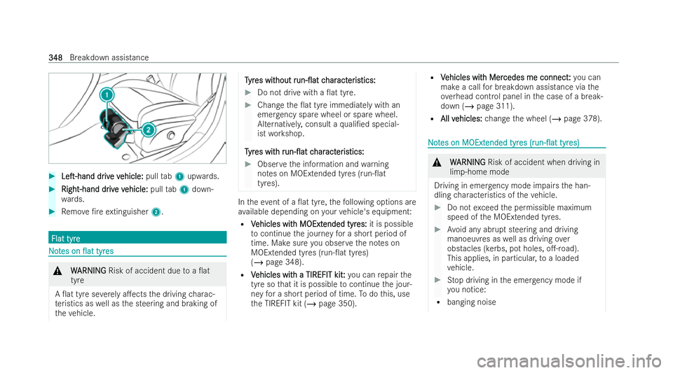 MERCEDES-BENZ A-CLASS HATCHBACK 2021  Owners Manual #
LeT-hand
LeT-hand dr
driv
ive v
e v ehicle:
ehicle: pulltab1 upwards. #
Right-hand dr
Right-hand dr iv
ive v
e v ehicle:
ehicle: pulltab1 down-
wa rds. #
Remo ve/re extinguisher 2. Flat tyre
Flat
